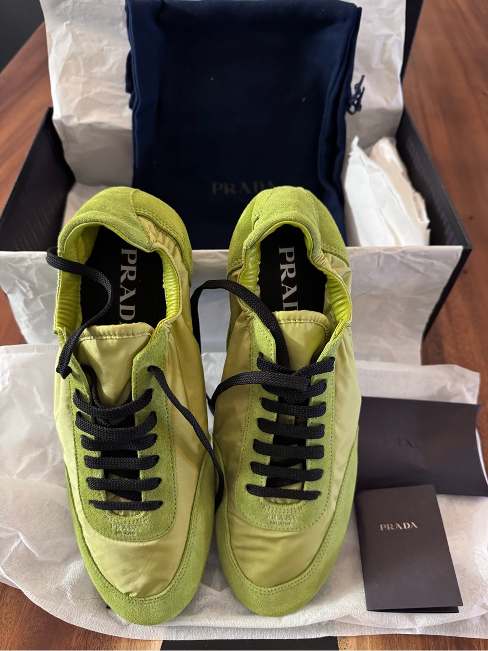 Prada Men's Neon Green Nylon & Suede Sneakers